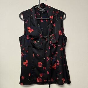 Express Floral Sleeveless Blouse Black Red M